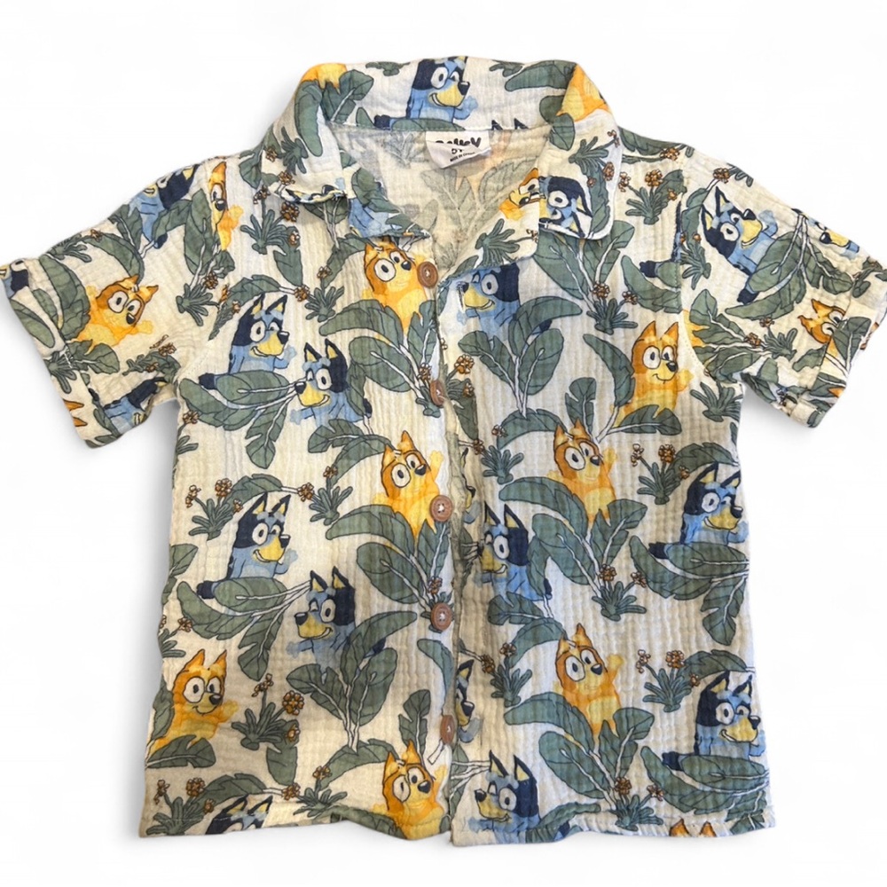 Kids Cartoon Print Button Down Shirt in Blue and Yellow